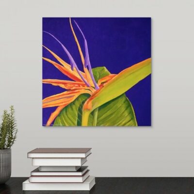 Bird of Paradise on purple - Original oil painting on wall over desk  12" x 12" x 5/8" original oil painting  Oil paint on canvas on wood stretcher bars  A single Bird of Paradise on a dark purple field  No need to frame  Image continued or painted on sides  Certificate of Authenticity included with purchase of original  All rights reserved by Nancy L. McLennon