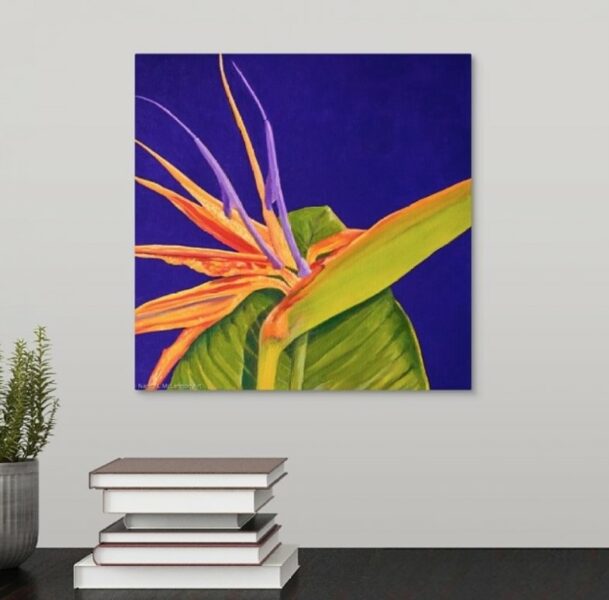 Original oil painting on wall over desk  12" x 12" x 5/8" original oil painting  Oil paint on canvas on wood stretcher bars  A single Bird of Paradise on a dark purple field  No need to frame  Image continued or painted on sides  Certificate of Authenticity included with purchase of original  All rights reserved by Nancy L. McLennon