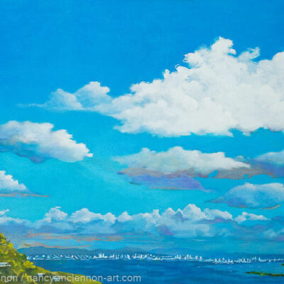 24" x 36" x 5/8" original oil painting  Oil paint on canvas on wood stretcher bars  A cool soothing blue sky and white cloud landscape. The painting is an image of the Bay facing the Marin interior coast, San Francisco, and the Bay Bridge.  No need to frame  Image continued or painted on sides  Certificate of Authenticity included with purchase of original  All rights reserved by Nancy L. McLennon