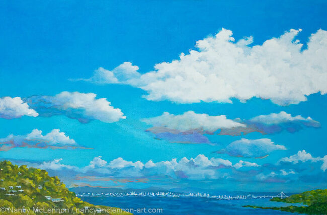 24" x 36" x 5/8" original oil painting  Oil paint on canvas on wood stretcher bars  A cool soothing blue sky and white cloud landscape. The painting is an image of the Bay facing the Marin interior coast, San Francisco, and the Bay Bridge.  No need to frame  Image continued or painted on sides  Certificate of Authenticity included with purchase of original  All rights reserved by Nancy L. McLennon