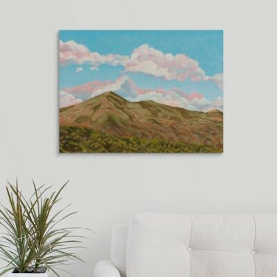 Sun over Mt Tamalpais - Original oil painting on wall over couch  18" x 24" x 5/8" original oil painting  Oil paint on canvas on wood stretcher bars  A blue sky filled with white clouds over a morning sunlit Mt Tamalpais landscape.  No need to frame  Image continued or painted on sides  Certificate of Authenticity included with purchase of original  All rights reserved by Nancy L. McLennon