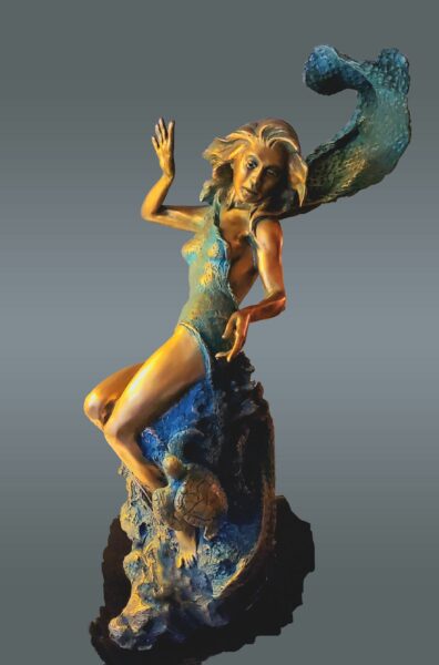 Bronze 20 x 11.5 x 9 Underwater scene.  A figure wrapped in fishnet is accompanied by a turtle and fish surrounded by coral and kelp.