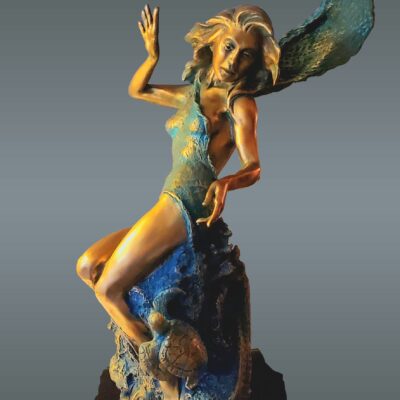 Bronze 20 x 11.5 x 9 Underwater scene.  A figure wrapped in fishnet is accompanied by a turtle and fish surrounded by coral and kelp.