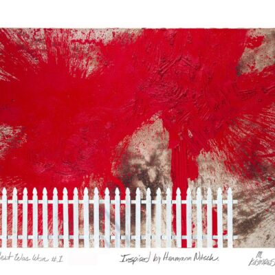 Contemplation #1 From the “How The West Was Won” series. 2021 by M Kosturos  Credit for the painting goes to Hermann Nitsch. It's made with actual blood mixed with paint.  I discovered Hermann Nitsch's work this year while watching a YouTube video profiling the 10 most influential living painters in 2021. His work is the most powerful, courageous and utterly disgusting artwork I have come across, ever. Seriously, this guy is deranged. However, the ritualistic way his paintings are made and that they are made with blood, make them perfect representations for the carnage that European invaders inflicted on millions of native Americans.  Digital Collage  Digital Print,  edition of 3.  #hermannnitsch
#SFAI
#SFAIalumni
#howthewestwaswon  See more of my work on Instagram. https://www.instagram.com/mkosturosartist/