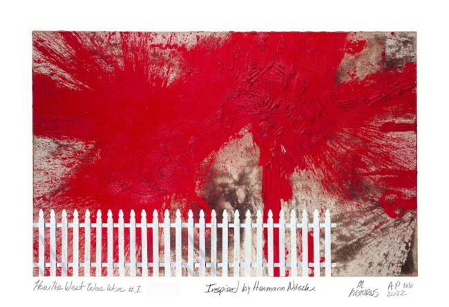 Contemplation #1 From the “How The West Was Won” series. 2021 by M Kosturos  Credit for the painting goes to Hermann Nitsch. It's made with actual blood mixed with paint.  I discovered Hermann Nitsch's work this year while watching a YouTube video profiling the 10 most influential living painters in 2021. His work is the most powerful, courageous and utterly disgusting artwork I have come across, ever. Seriously, this guy is deranged. However, the ritualistic way his paintings are made and that they are made with blood, make them perfect representations for the carnage that European invaders inflicted on millions of native Americans.  Digital Collage  Digital Print,  edition of 3.  #hermannnitsch
#SFAI
#SFAIalumni
#howthewestwaswon  See more of my work on Instagram. https://www.instagram.com/mkosturosartist/