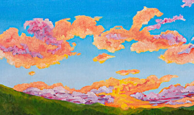 For an in person preview, you can see this painting at the MOS Gallery in the Corte Madera Town Center, open NOW through May 11th!  12″H x 36″W x 1-1/2″D original oil painting  Oil paint on stretched canvas mounted on wood bars  A blue sky filled with colorful clouds over a bright sunset over Mt Tamalpais landscape.  No need to frame  Certificate of Authenticity included with purchase of original  All rights reserved by Nancy L. McLennon