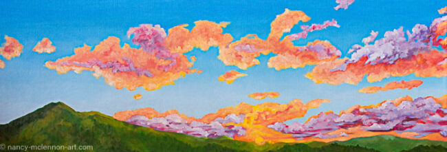 For an in person preview, you can see this painting at the MOS Gallery in the Corte Madera Town Center, open NOW through May 11th!  12″H x 36″W x 1-1/2″D original oil painting  Oil paint on stretched canvas mounted on wood bars  A blue sky filled with colorful clouds over a bright sunset over Mt Tamalpais landscape.  No need to frame  Certificate of Authenticity included with purchase of original  All rights reserved by Nancy L. McLennon