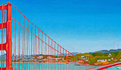 12″H x 36″W x 1-1/2″D original oil painting  Oil paint on stretched canvas mounted on wood stretcher bars  An original oil painting of the Golden Gate Bridge, under a clear blue sky and  the San Francisco skyline landscape in the background.  No need to frame  Certificate of Authenticity included with purchase of original  All rights reserved by Nancy L. McLennon