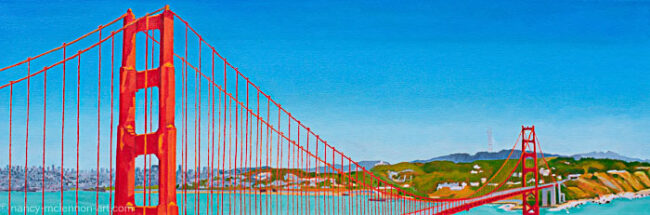 12″H x 36″W x 1-1/2″D original oil painting  Oil paint on stretched canvas mounted on wood stretcher bars  An original oil painting of the Golden Gate Bridge, under a clear blue sky and  the San Francisco skyline landscape in the background.  No need to frame  Certificate of Authenticity included with purchase of original  All rights reserved by Nancy L. McLennon